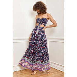 Sunset Fiesta Navy Blue Floral Print Two-piece Jumpsuit - Size S